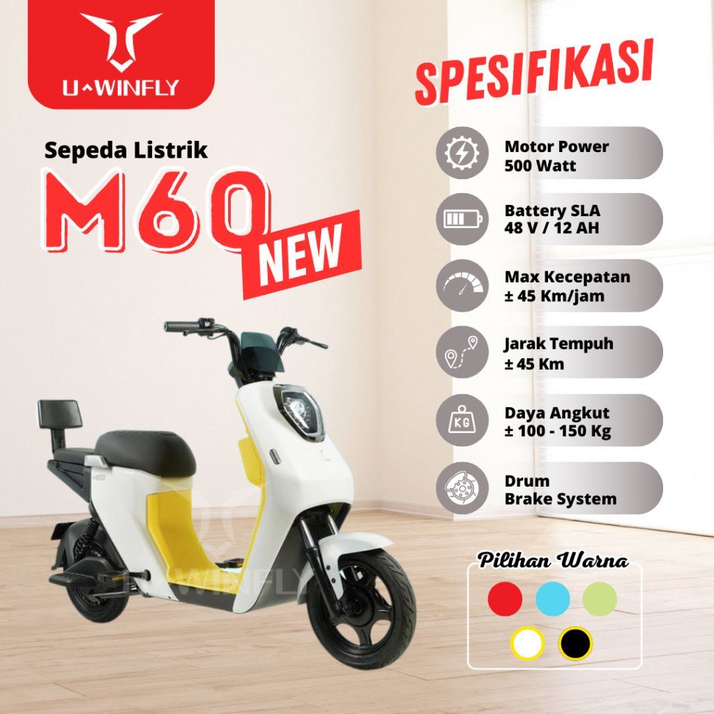 (PENGIRIMAN LUAR KOTA BANDUNG) Sepeda Listrik UWINFLY M60 | 500watt | Sepeda Listrik Uwinfly M60 Red