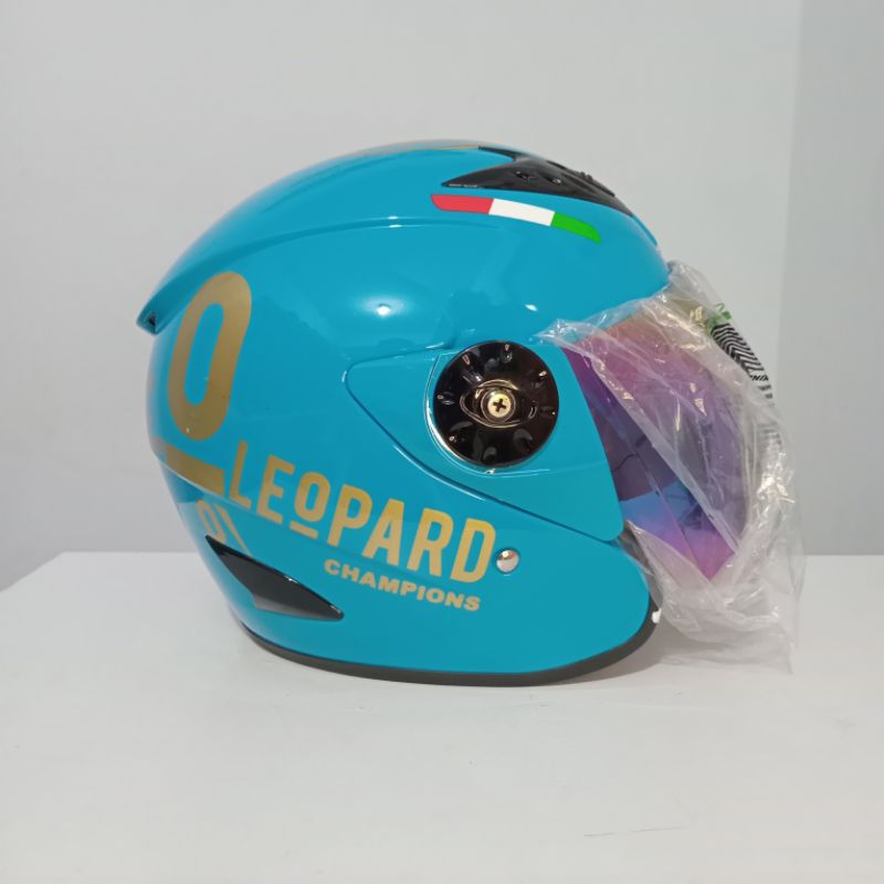 Helm SNI Vision Motif Leopard Biru Glossy Dewasa Pria Wanita