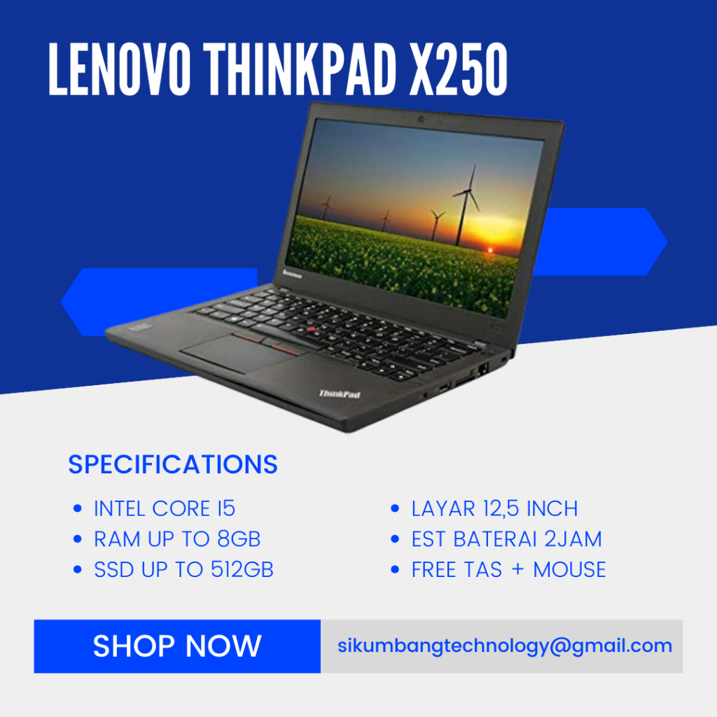 Laptop Second Lenovo Thinkpad X250 Intel Core i5 Ram 8gb SSD 256GB Murah Bergaransi