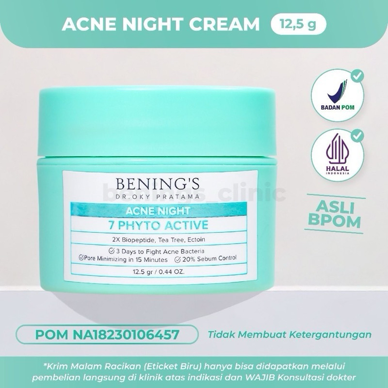 Bening's Acne Night Cream Normal | Cream Malam Jerawat dan Beruntus | Benings Clinic