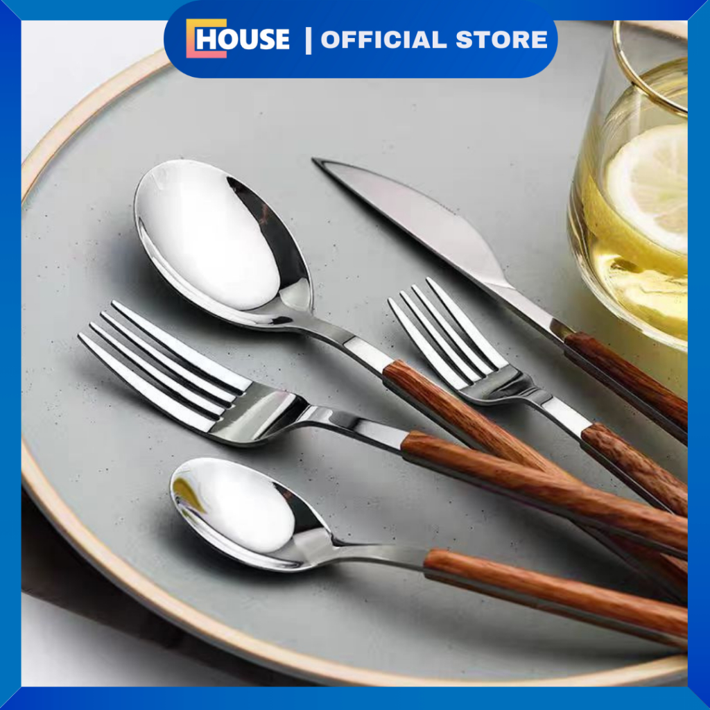 Sendok Garpu Makan Stainless/ Peralatan Makan Dengan Pegangan Kayu Serbaguna/ Sendok Garpu Aesthetic