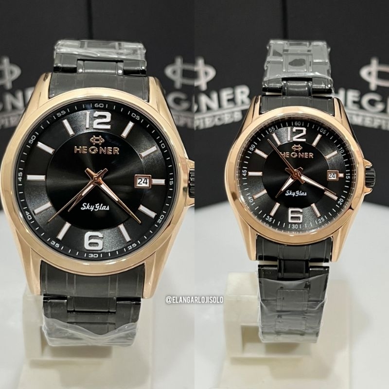 JAM TANGAN COUPLE HEGNER HW 1295 BLACK ROSEGOLD ORIGINAL