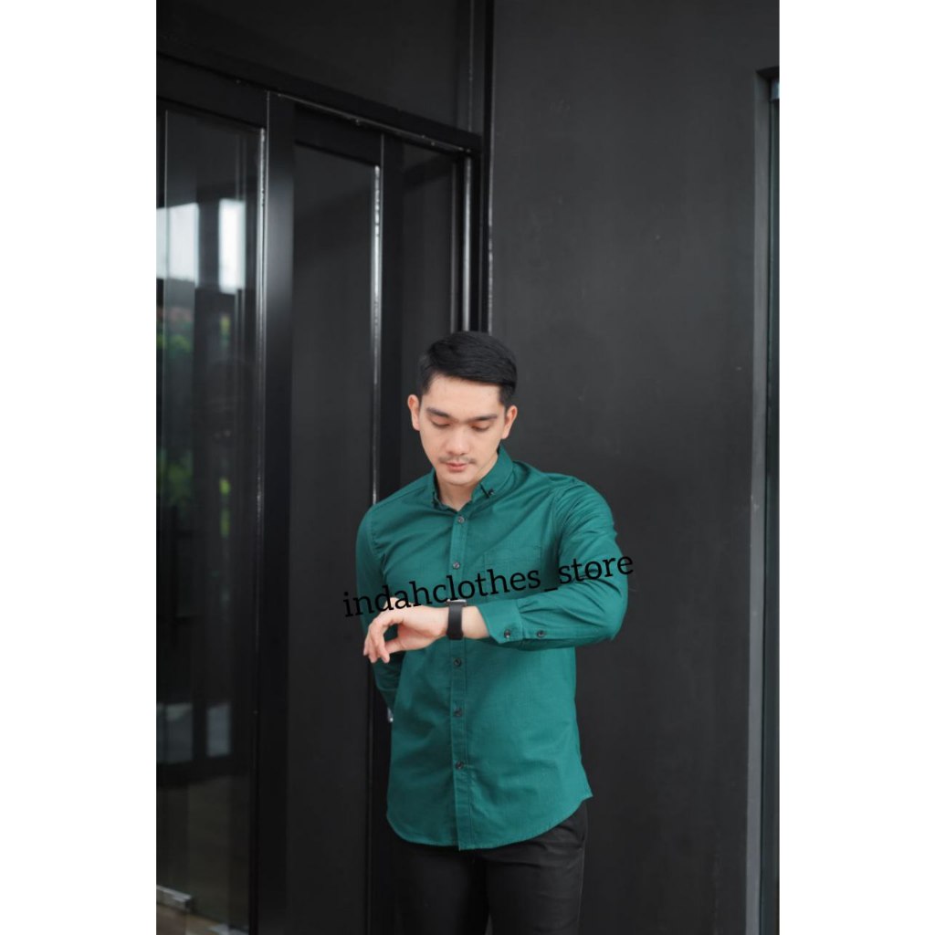 Kemeja Polos Pria Cowok Lengan Panjang Hijau Botol HeM Slimfit Casual