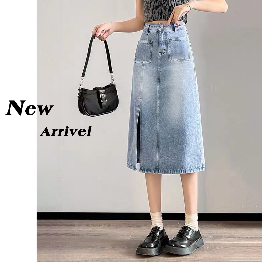 Fashion wanita rok korean style panjang rok jeans wanita 7/8 rok a line rok denim panjang rok sepan 