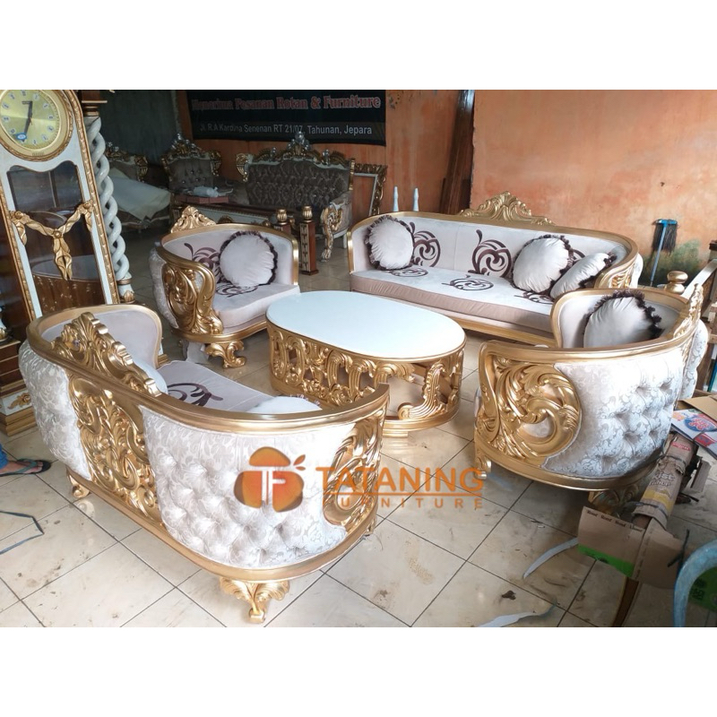 SOFA TAMU CUSTOM UKIR LENGKUNG KAYU JATI FINISHING JOK KAIN MEWAH MURAH KURSI MEJA MODERN TATANING F
