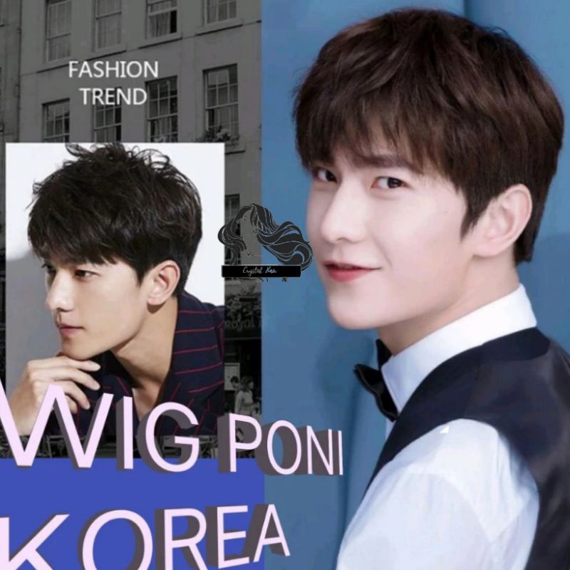 Wig poni korea pria rambut pendek warna hitam versi pria korea tampan gaya rambut