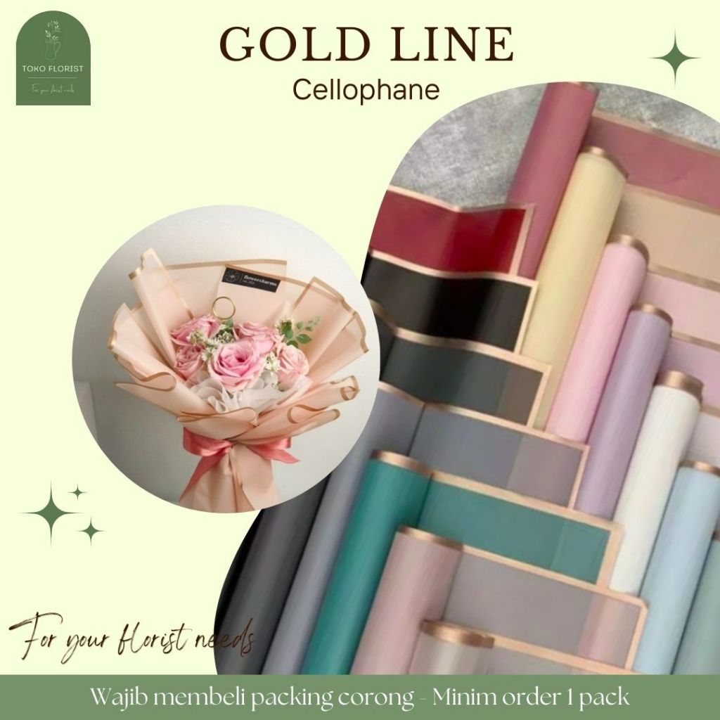 

GROSIR Kertas Buket Bunga Cellophane GOLD LINE isi 20 lembar