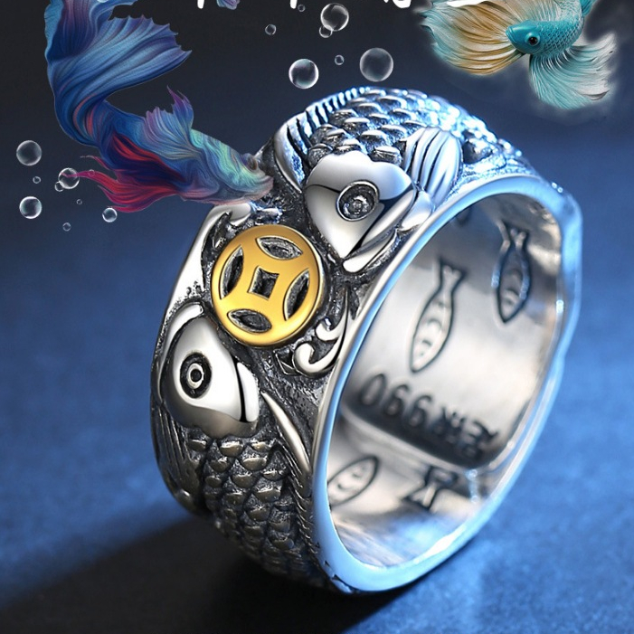 Cincin Ikan Koi Koin Warna Silver Gold Adjustable - Perak Sterling Model Ikan Nuansa Oriental Elegan