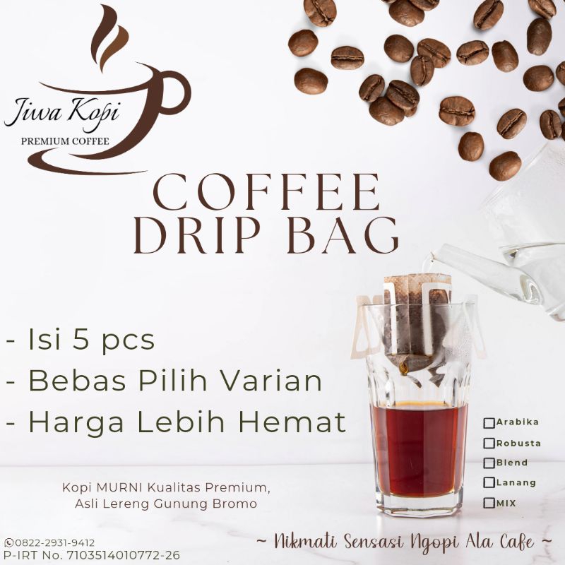 

Kopi Drip Bag | Dripbag Coffee | 1 Box Isi 5 pcs | Kopi Tanpa Ampas | Kopi Premium Murni | Kopi Kekinian