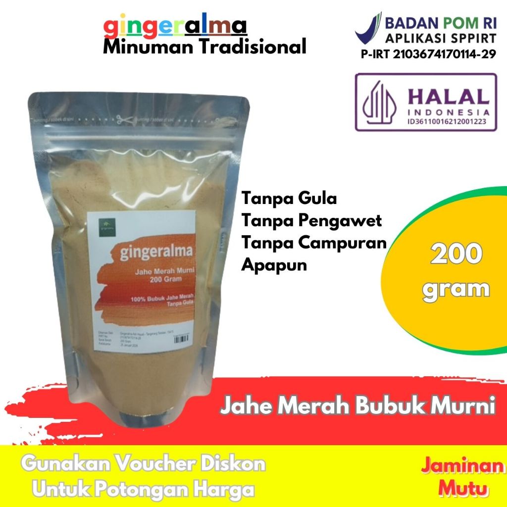 

Jahe Merah Murni Tanpa Gula 200 Gram Gingeralma