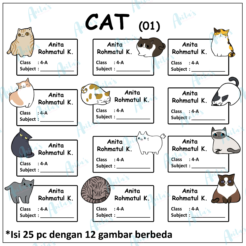 

25 pc STIKER NAMA BUKU PELAJARAN ANAK SEKOLAH tema CAT 01 | CUSTOM NAMA DAN KELAS