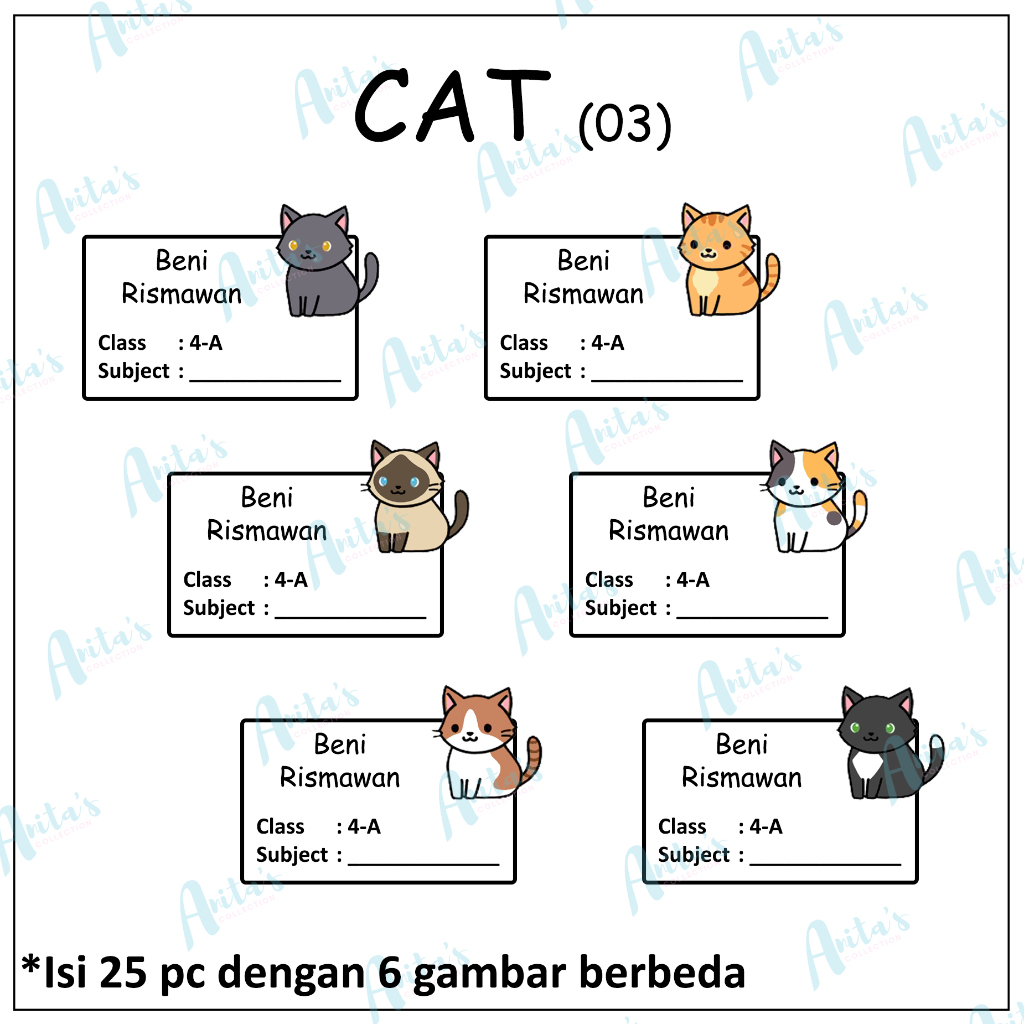 

25pc STIKER NAMA BUKU PELAJARAN ANAK SEKOLAH tema CAT 03 | size S / 5x3 cm | CUSTOM