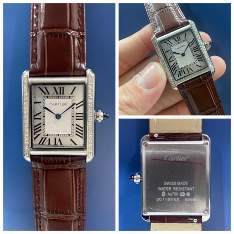 Cartier Tank Solo Silver Romawi Diamond, Japan Quartz Super Quality Leather Strap