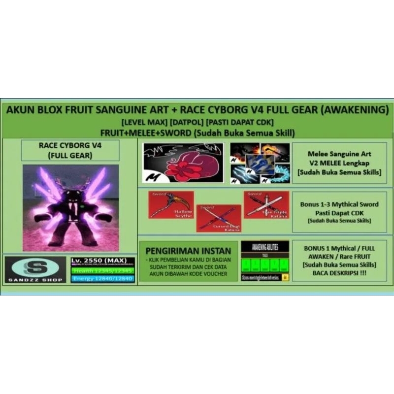 Akun Blox Fruit Sanguine Art + Race Cyborg V4 Full Gear (Awakening) (Godhuman + CDK) [Level MAX]