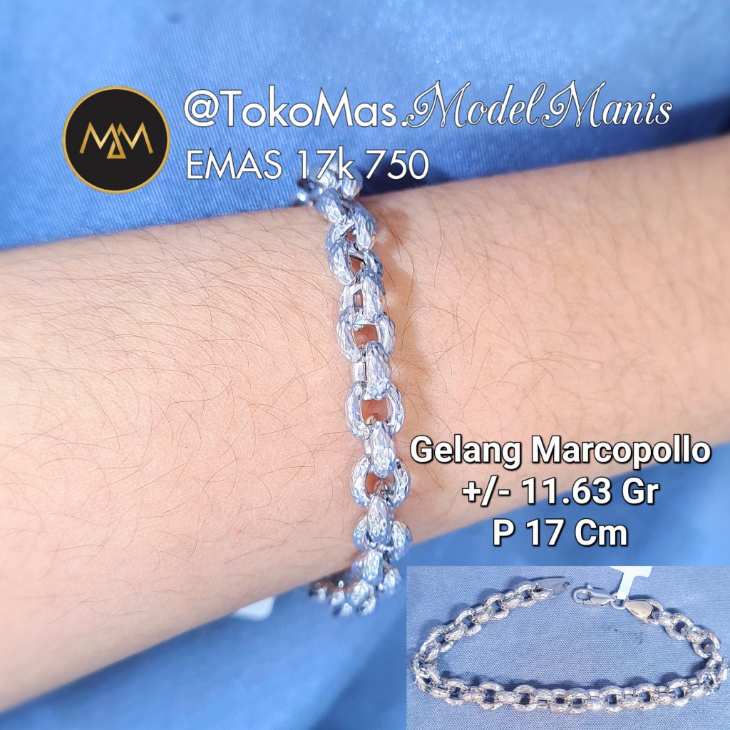 Gelang Marcopollo bulat padat emas putih 750 kadar 17k