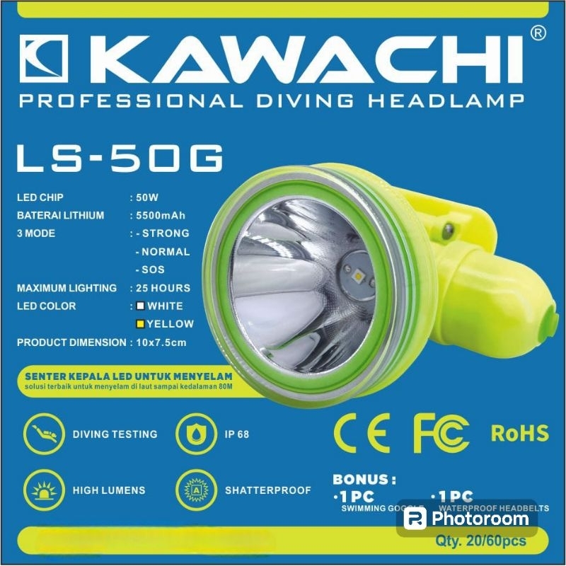 Senter Kepala Selam Premium 50W 50Watt / LS 50G Lithium / Senter Kepala Diving Menyelam Kawachi