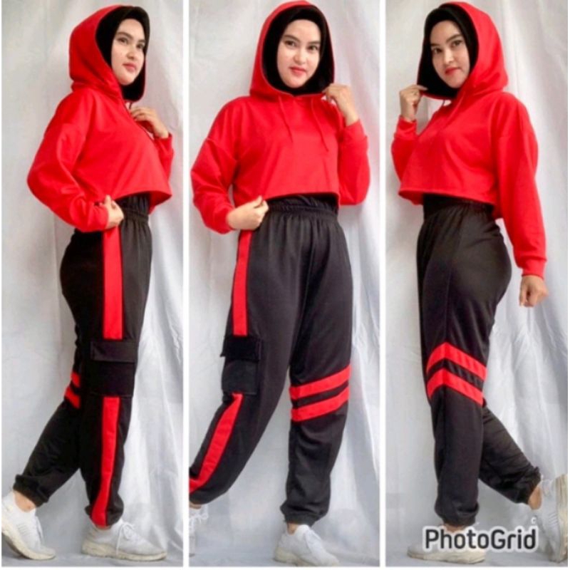 Setelan Cargo Sport Crop Jacket Hoodie Untuk Senam Gym Fitness Zumba wanita