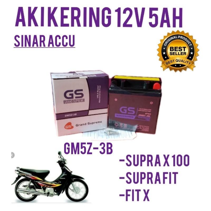 Aki motor suprax 100, supra xx, supra fit, fit x, fit s aki gs grand supreme gm5z -3b aki kering 12v
