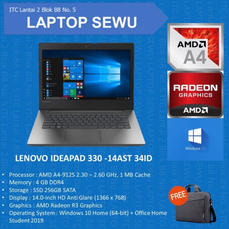 LENOVO IDEAPAD 330 AMD A4-9125 4GB 256SSD 14" HD RADEON R3 W10