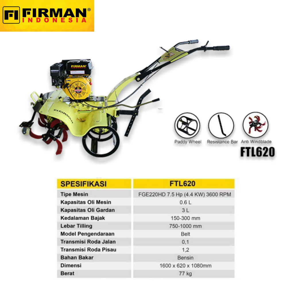 Firman Mesin Traktor Pembajak Sawah Cultivator Type FTL620 -Mini Tiller