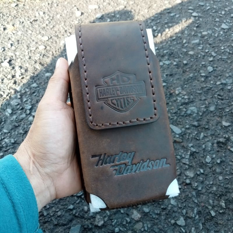 Dompet hp pinggang pria kulit asli Double slot