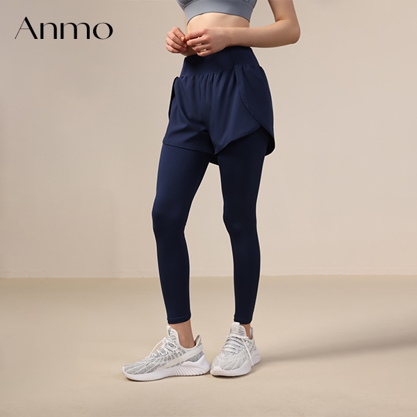 ANMO-Celana Olahraga 2 in 1 Legging Wanita High Waist Polos Bersepeda Yoga Running Sport Celana Pend