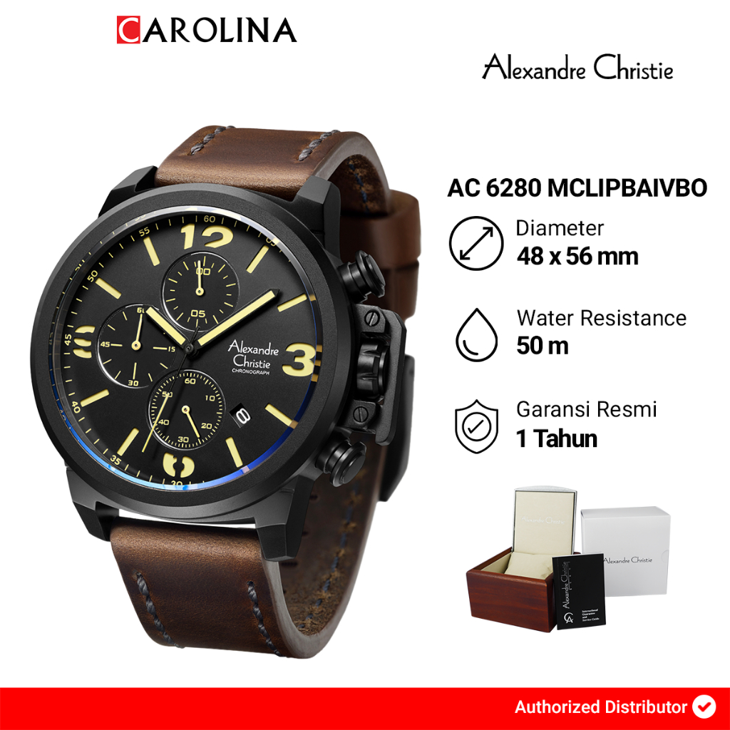 Jam Tangan Pria Alexandre Christie Chronograph AC 6280 MCLIPBAIVBO Sport Black Dial Brown Leather St