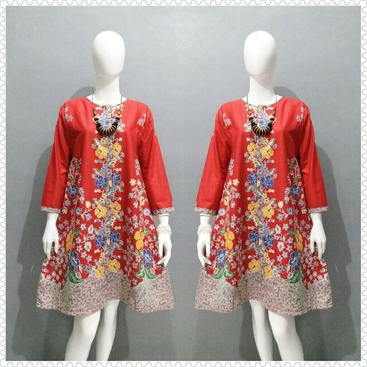 Fairyrozi Dress Midi Tunik Batik Motif Dahlia Merah Kuning Hitam Ungu Tosca Hijau Bahan Premium Size