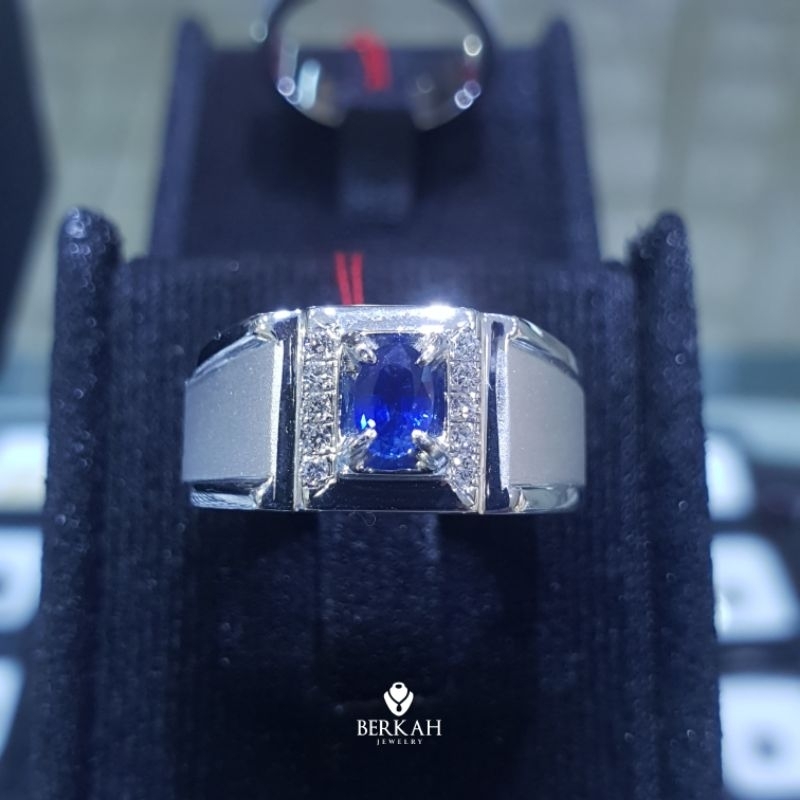 Cincin Lelaki Pria Perak Palladium Berlian Asli & Sapphire