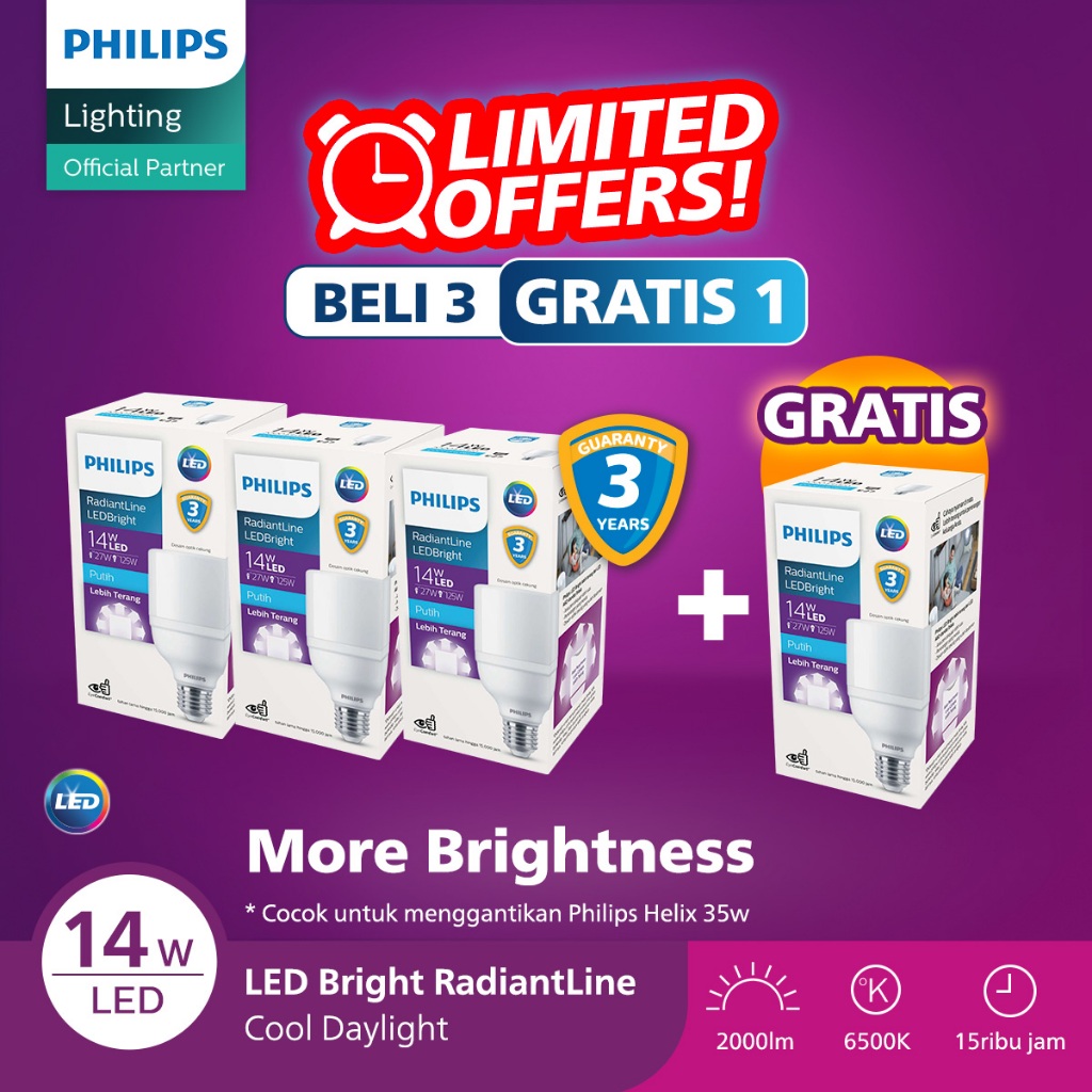 Beli 3 Gratis 1 Philips Lampu Radiantline LEDBright 14W 6500K Putih