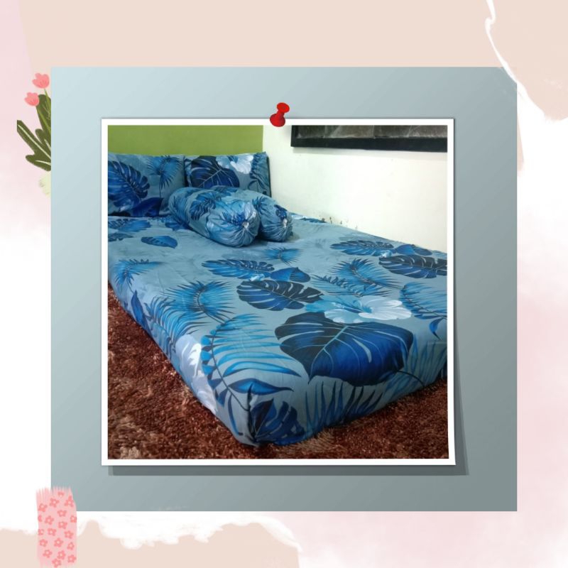 Sprei Motif Daun Bunga Monstera Biru