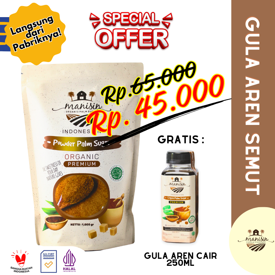 

Promo Manisin Gula Aren Semut 1KG & Gula Cair 250 ml