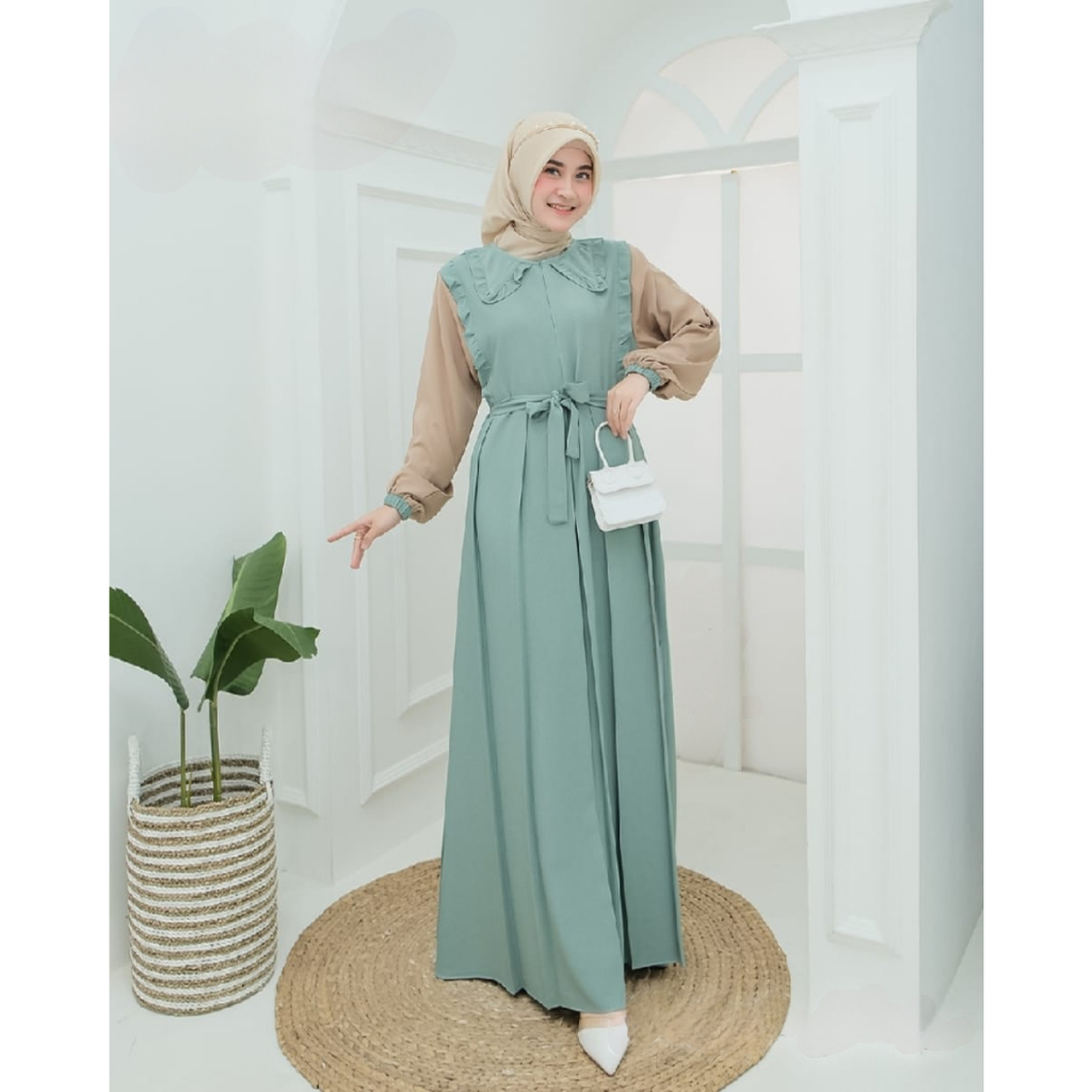 pakaian wanita muslimah gamis remaja ala korea CALISTA DRESS gamis kombinasi 2 warna bahan crinkle p