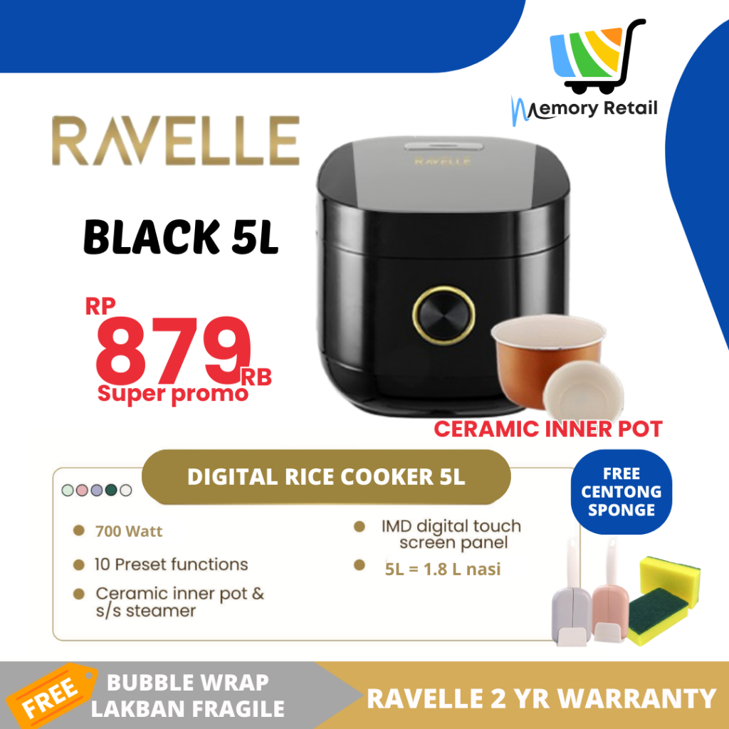 RAVELLE Rice Cooker 5L Anti lengket Low Carbo Low Sugar