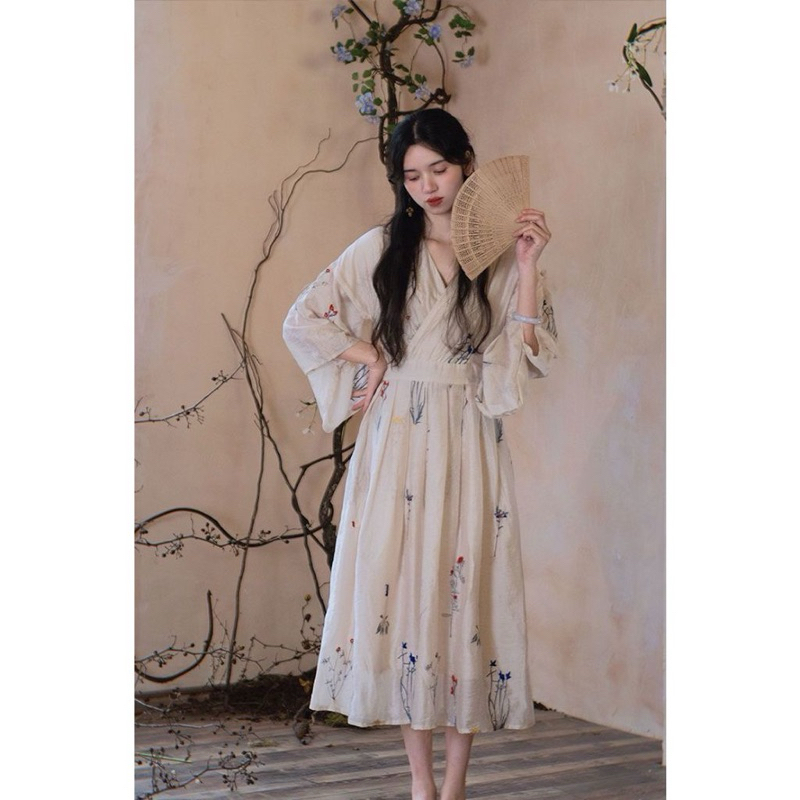 Korean Kimono Dress Cheongsam Sleeve - Dress Sifon Korea Motif Bunga