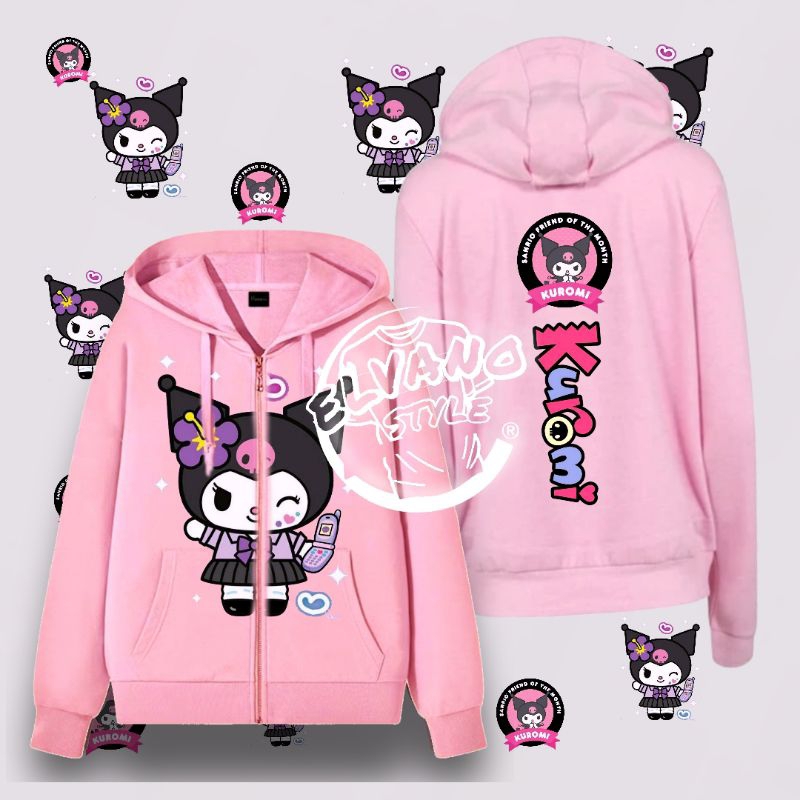 Hoodie Zipper Anak Perempuan Kuromi Topi Kuromi