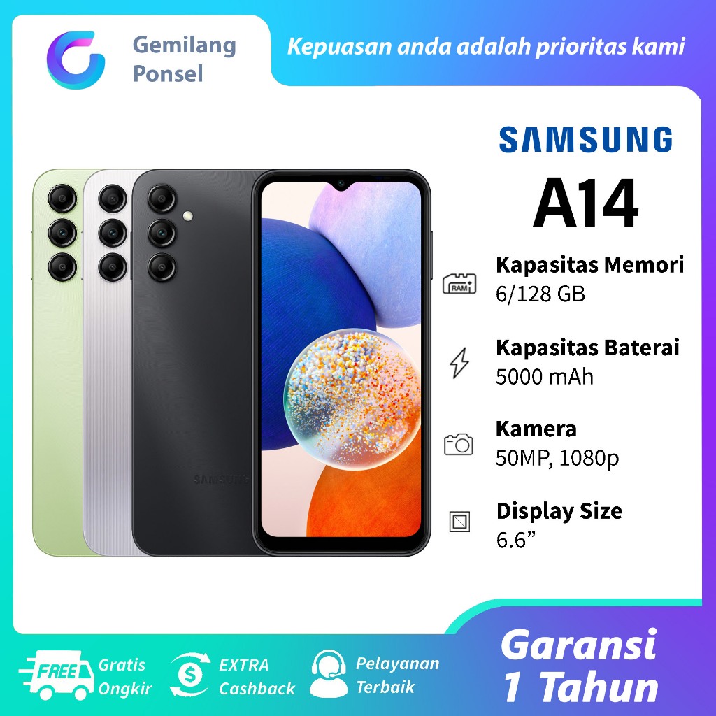 HP Samsung Galaxy A14 4G 6G /128 GB Layar 6.6 inci 50MP Kamera Belakang Baru HP Black | Green | Silv