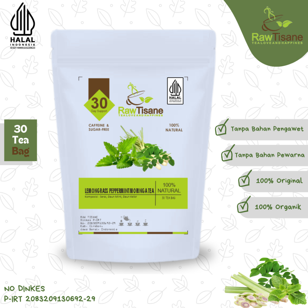 

RAW TISANE Lemongrass Peppermint Moringa Tea : Teh Celup Daun Serai, Daun Mint & Daun Kelor Isi 30 Tea Bag