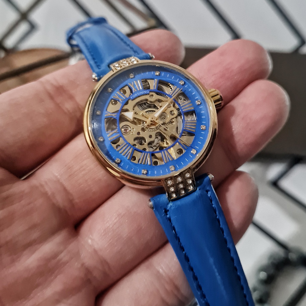 FORSINING Eden Jam Tangan Wanita Automatic Otomatis Mekanik Skeleton Tanpa Baterai Biru Anti Air