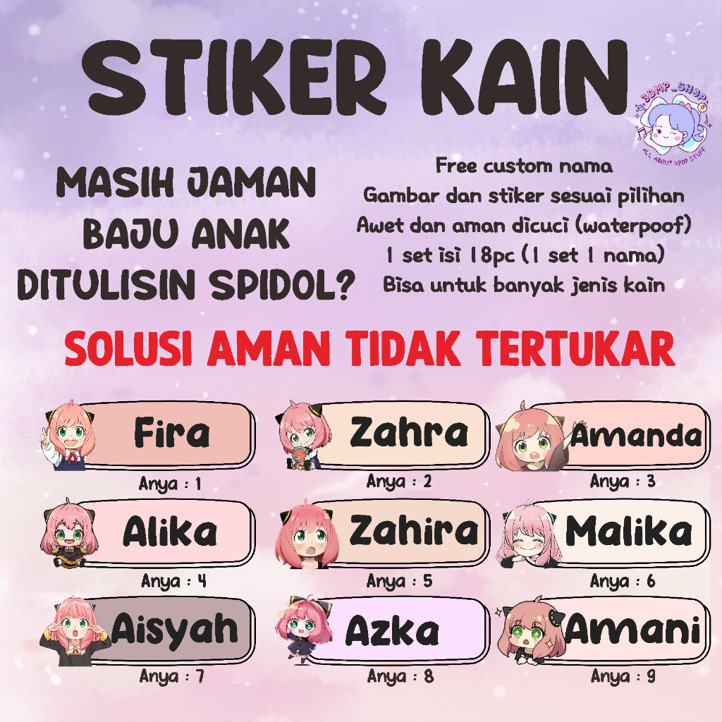

Stiker nama kain baju custom label sablon setrika perempuan anak muslim sd sekolah pondok pesantren tk fullday anya spy x family