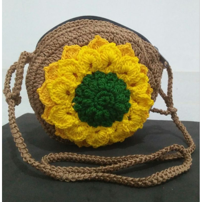 tas selempang bulat motif bunga matahari/tas hp rajut/tas selempang kekinian