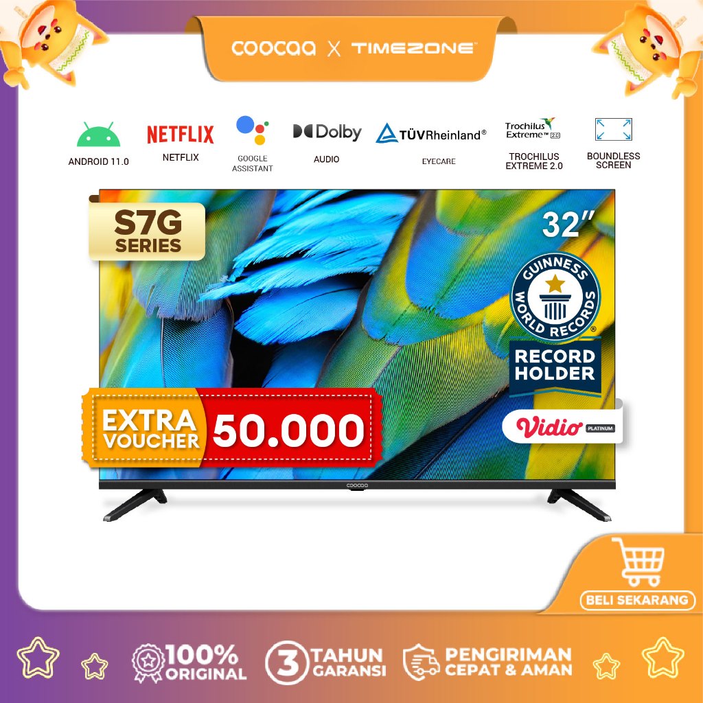 COOCAA 32 inch Smart TV - Digital TV - Android 11 - Netflix/Youtube - Google Assistant - Dolby Audio - Mirroring - Flicker Free - Boundless - HDR 10 - WIFI - USB/LAN(COOCAA 32S7G)