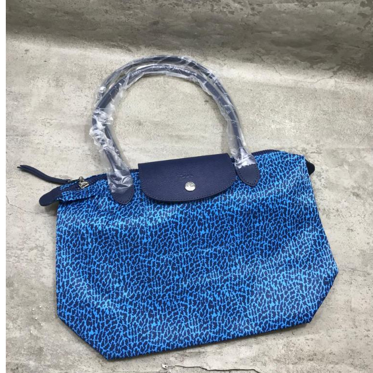 Tas Wanita Pundak LChamp Blue Leopard Panthere Biru Top Handle Long Handle Medium  Besar Tote Tas Ku