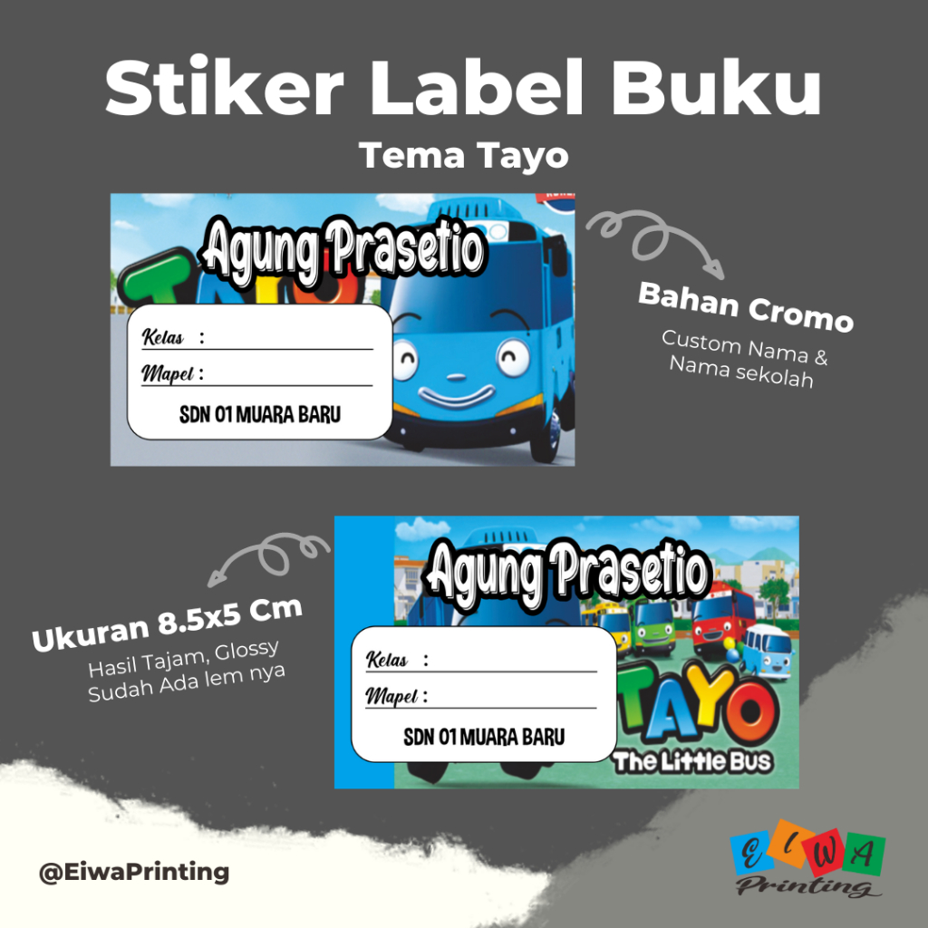 (30pcs) Stiker Mata Pelajaran Stiker Mapel Custom Nama Motif Tayo Label Buku Pelajaran