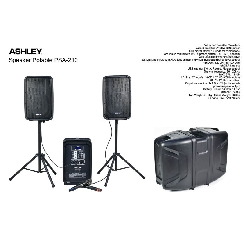 Speaker Portable Ashley PSA 210 komplit satu set plus tiang dan mic