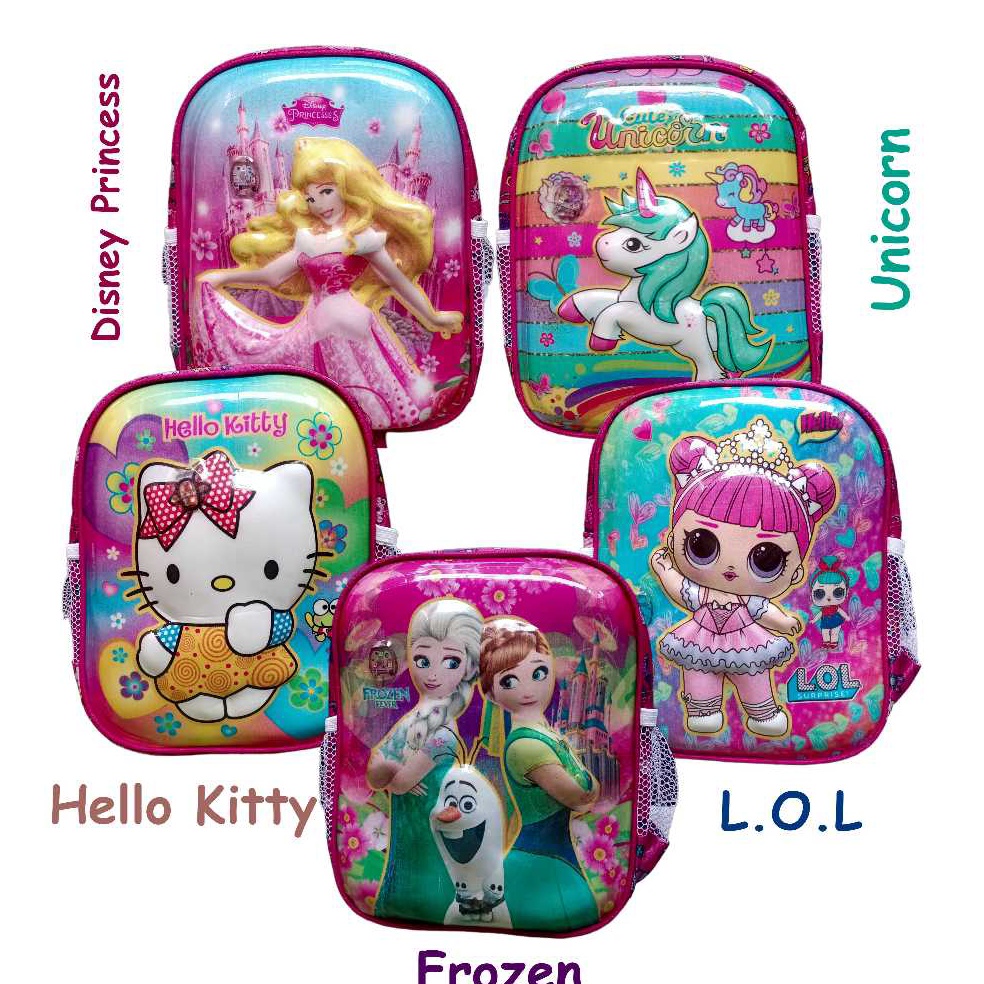 KODE F43Z Tas Ransel Sekolah Karakter Anak Perempuan PAUD Timbul 3D lampu LED Pony Frozen Lol Boba H