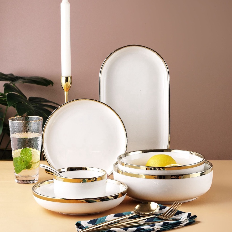 Rekomendasi ASHOME Piring Makan Keramik Putih Gold  Piring Putih Keramik List Gold  Mangkuk Keramik 