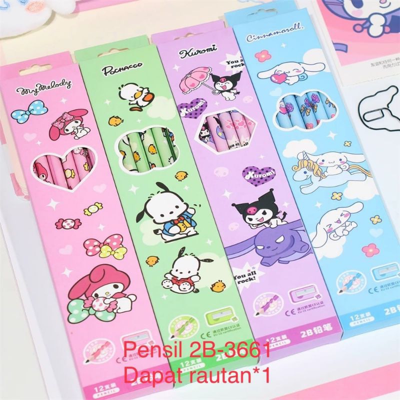 

(12pcs) Pensil 2B karakter lucu my melodi kuromi sanrio/pensil 2B murah BONUS Rautan