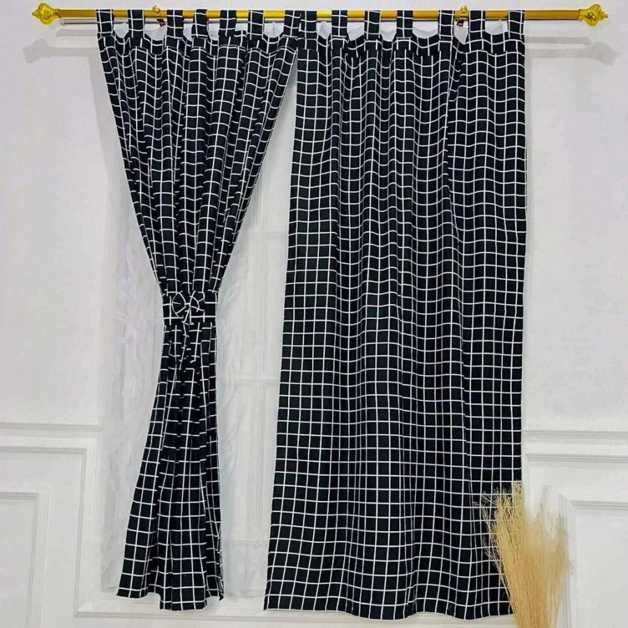 Gorden Jendela Tali Motif Kotak Kotak Hitam Aesthetic Tirai Minimalis Keren Murah