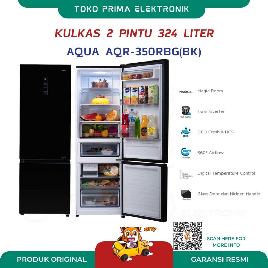AQUA JAPAN AQR-350RBG(BK) Kulkas 2 Pintu Bottom Freezer Inverter 324 Liter